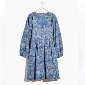 Madewell Bubble-Sleeve Button-Front Mini Dress in Indigo Paisley Size S